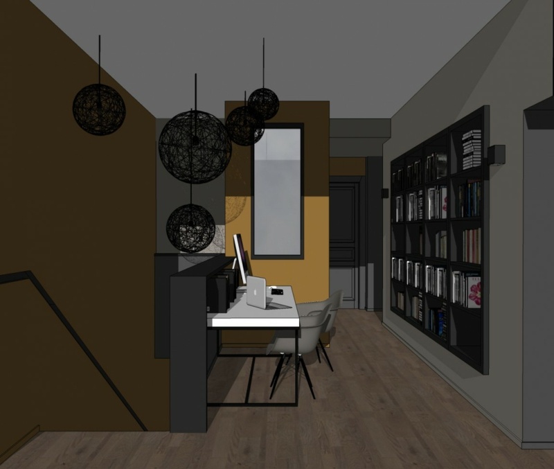 interiér čierne akcenty kancelária vstavaná polica stôl žltá stena