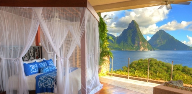 jade mountain resort caribbean posteľ s baldachýnom výhľad na karibské more