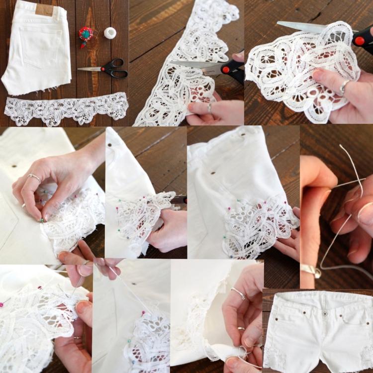 Džínsy hotpants -biele-nohavice-krátke-čipky-ozdobiť-spitye-ušiť
