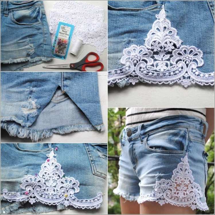 Džínsy hotpants-denim-modrá-krajka-strana-šitie-diy
