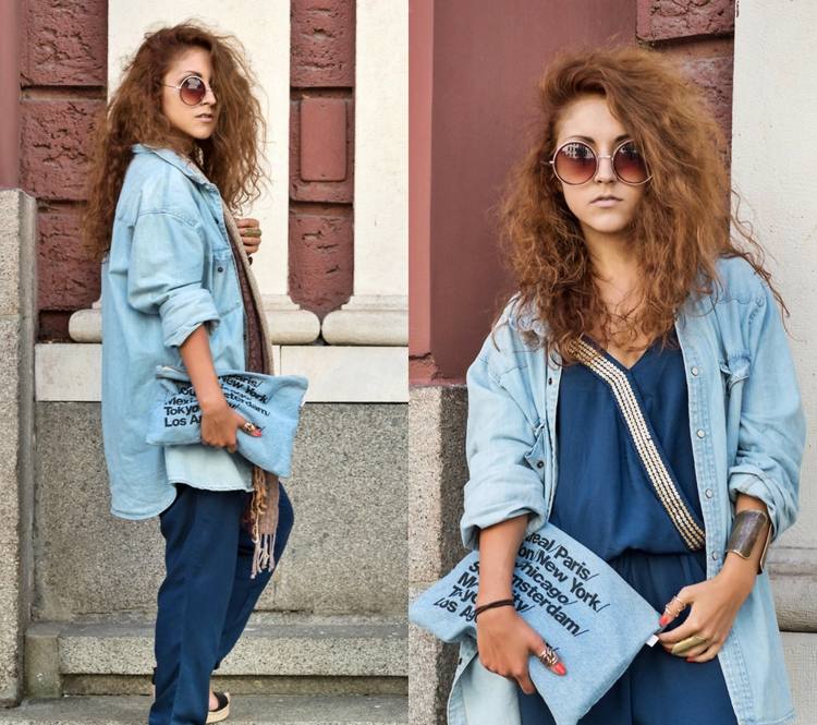 Džínsová košeľa Kombinácia dámskych kombinéz Oblečenie Nápady Džínsová kabelka medená farba vlasov