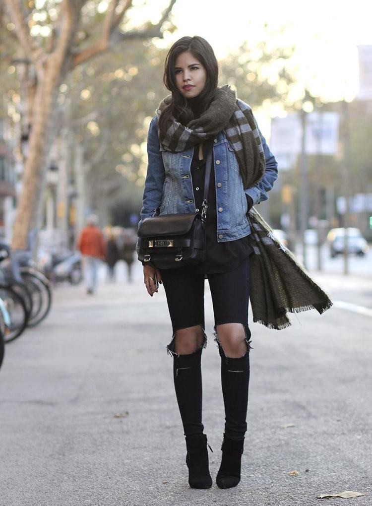 Džínsová bunda pre ženy -kombinujte-outfity-vrstvenie-rifle-roztrhané šály