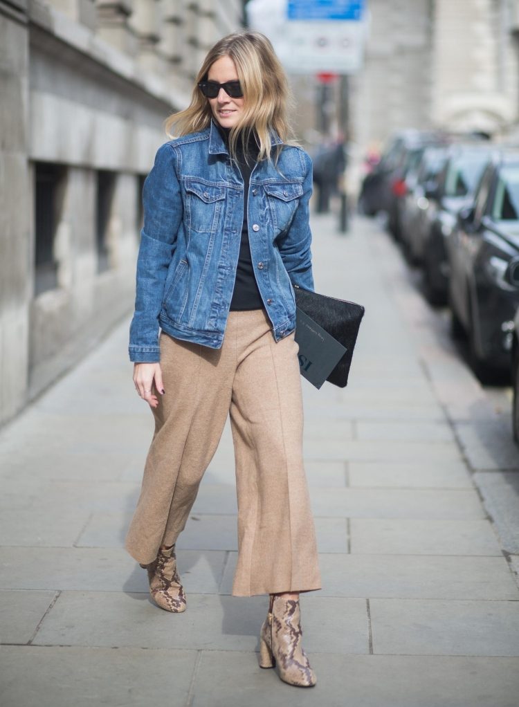 riflová bunda-dámske-kombinácie-outfity-vrstvený look-široké nohavice-béžovo-rolákový-sveter