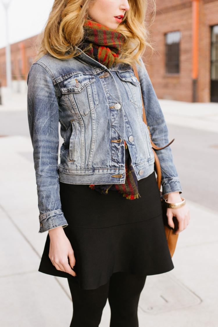 džínsová bunda-dámske kombinácie-outfity-vrstvené-look-šaty-sukne-čierna-šatka-károvaná