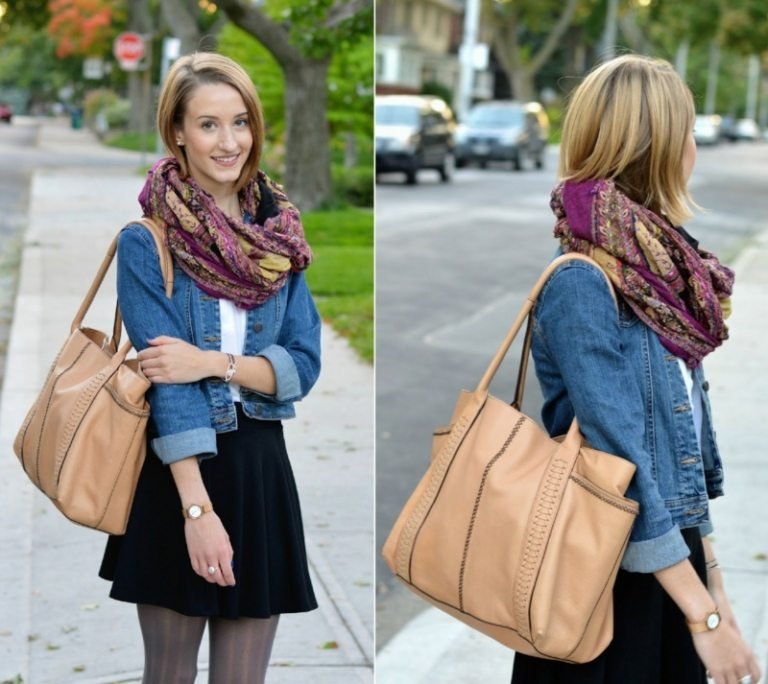 Džínsová bunda a krátka čierna sukňa riflová bunda kombinujúca sukňu krátka šatka burghunder béžová kabelka