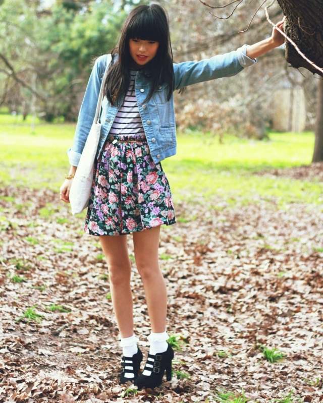 Sukňa so vzorom blúzky a blúzky so vzorom na jeseň Blúzka pruhy kvety sukňa rifľová bunda