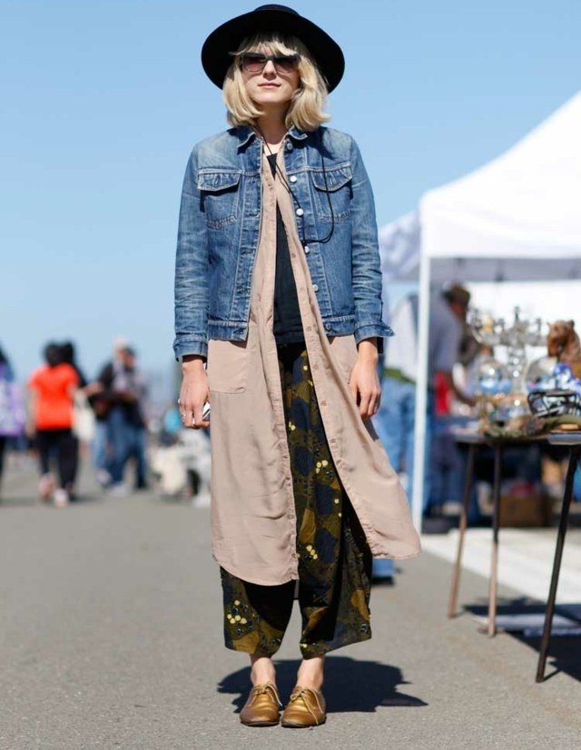 Džínsová bunda dlhý kabát ploché šnurovacie topánky Kabát plochý šnurovací klobúk fedora