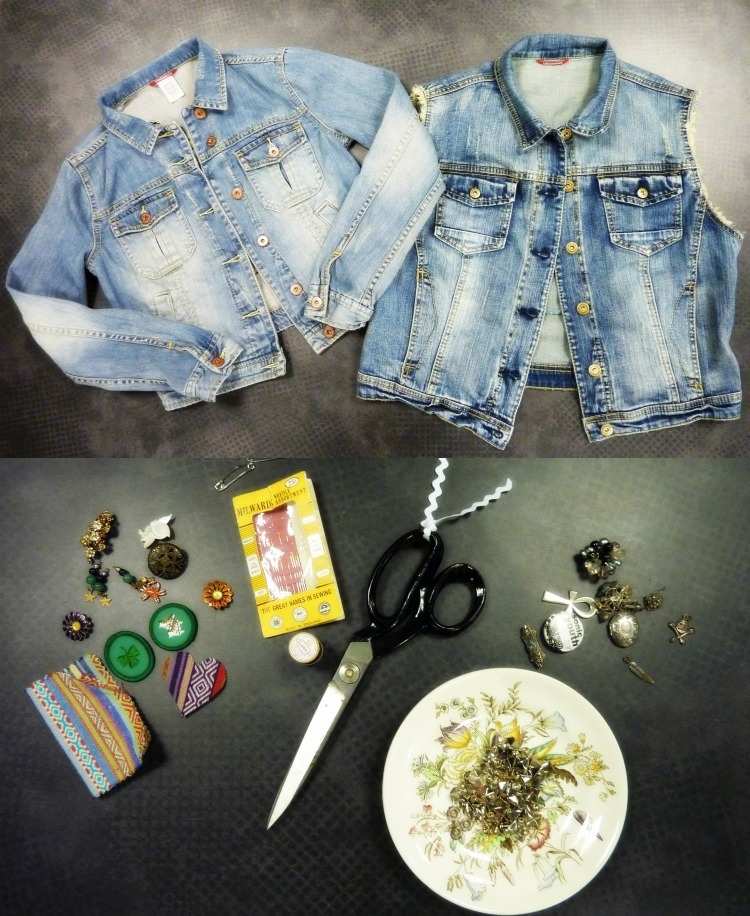 Prestavba denimovej bundy na vestu - užitočné materiály a nástroje Skombinujte rifľovú vestu-dámy-rifľovú bundu-ozdobte-seba-vtipy-kutilstvo