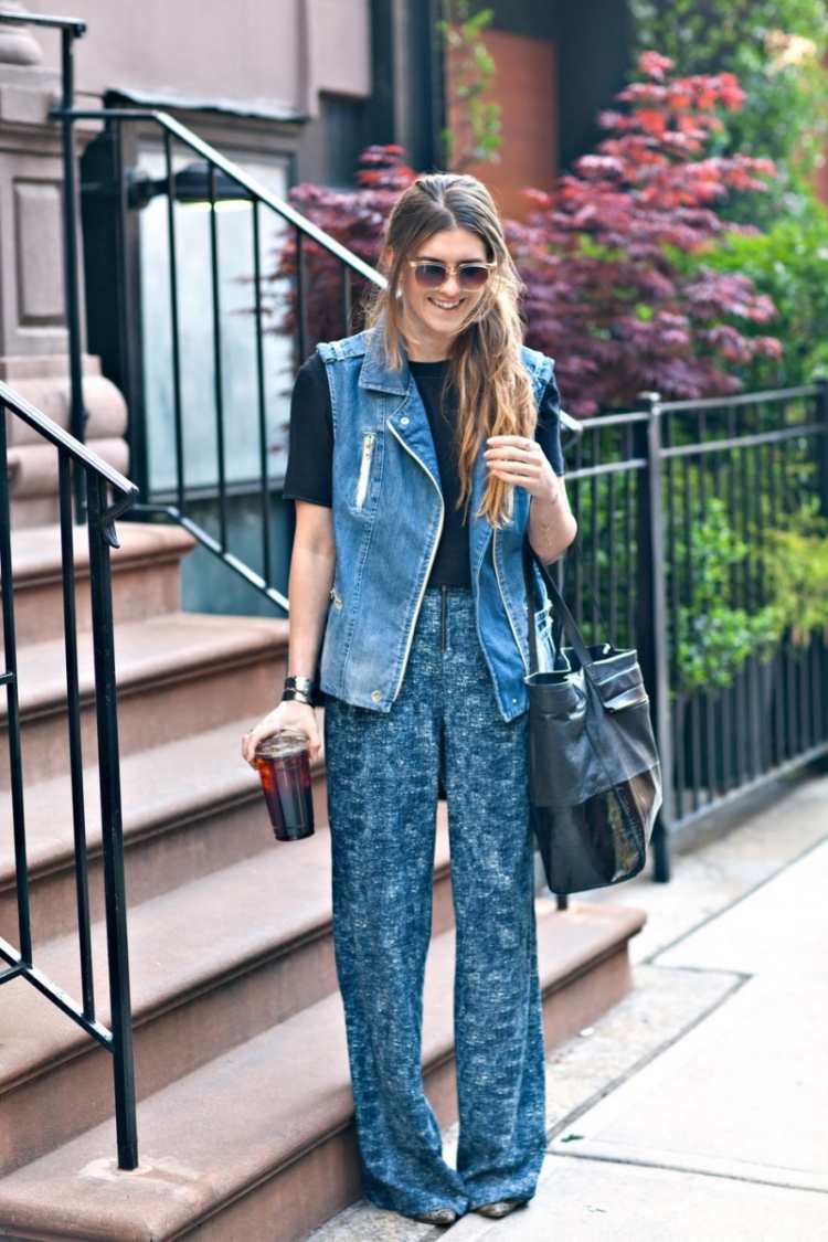 Široké nohavice z modrej bavlny a rifľovej vesty džínsy-vesta-kombinovať-dámy-letné-nohavice-široké-nohavice