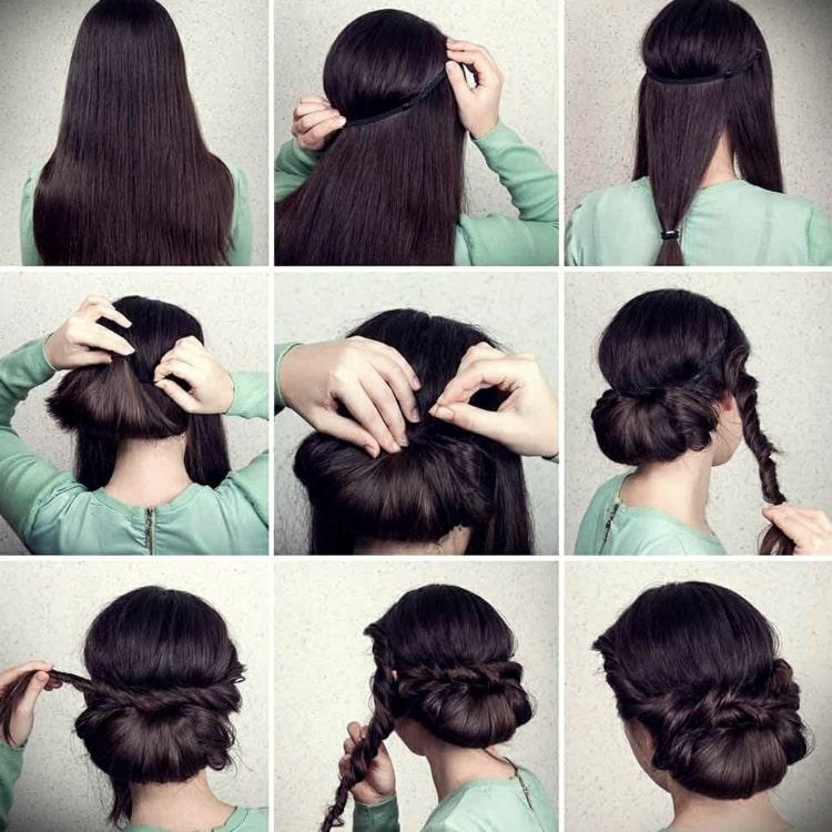 Updo s banánom a skrútenými odleskami ako prízvuk