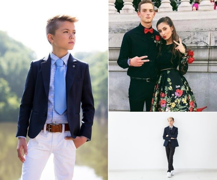 Nápady na oblečenie pre zasvätenie mládeže s bundou a bielymi nohavicami, kvetinovými šatami a čiernym oblekom