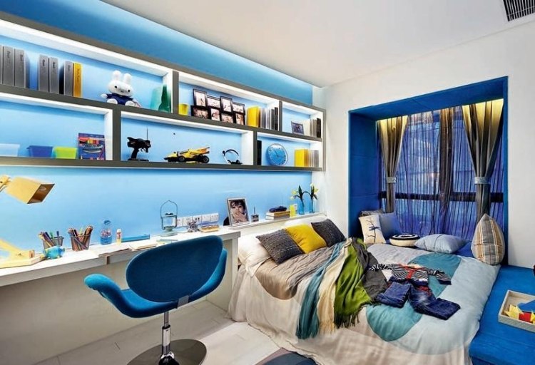 mládežnícka izba-farebný dizajn-chlapec-námornícka-modrá-žltá-led