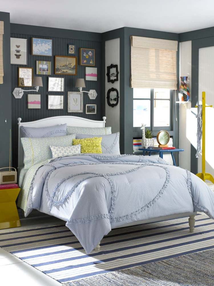 mládežnícka izba-farebný dizajn-dievčatá-šedo-modro-šedo-žlté akcenty