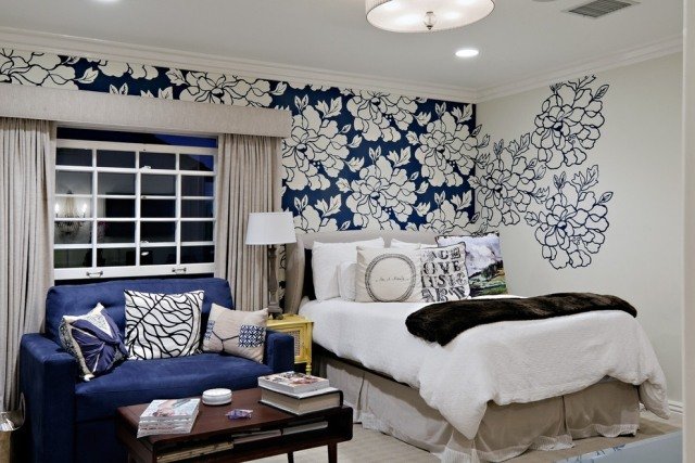 miestnosť pre dievčatá pre dievčatá-malá-námornícka modro-biela-stenová dekorácia-kvetinový vzor