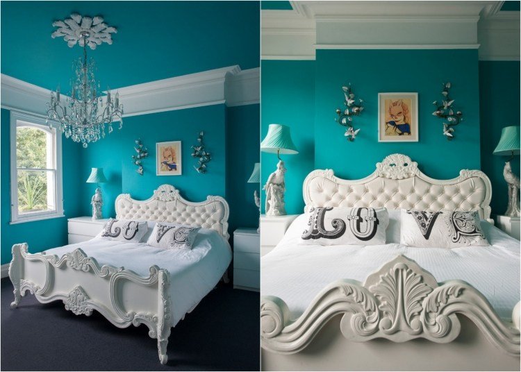 mládežnícka izba-dizajn-stena-dekoracia-tyrkysova-farba-steny-biela-postel-klasika