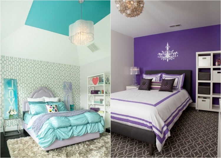 mládežnícka izba-dizajn-nástenná dekorácia-dievča-baklažán-farba na stenu-mäta-zeleno-biela