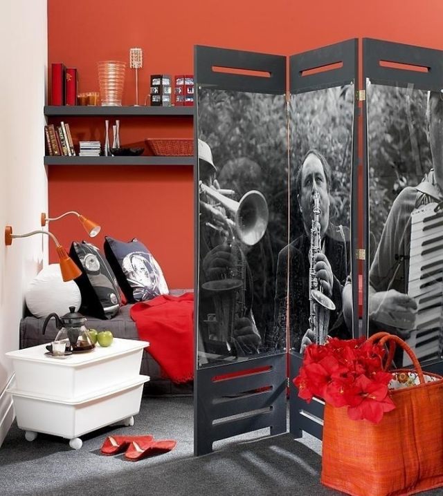 mládežnícka izba-dizajn-nápady-stena-farba-oranžová-obrazovka-fotografie