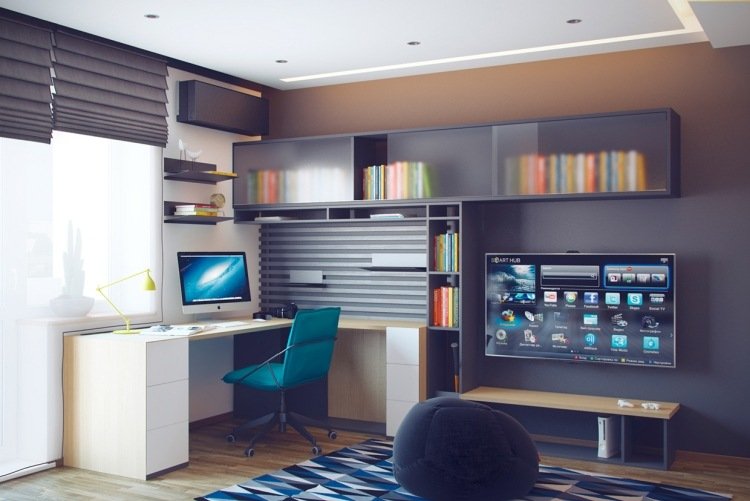 miestnosť pre mládež-nápady-oblasť učenia-tmavo-sivá-akcentová stena