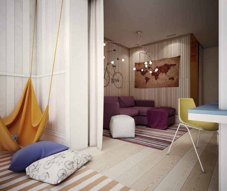 miestnosť pre mládež-nápady-dizajn steny-drevené obloženie-purpurová-rohová sedacia súprava-hojdacia sieť