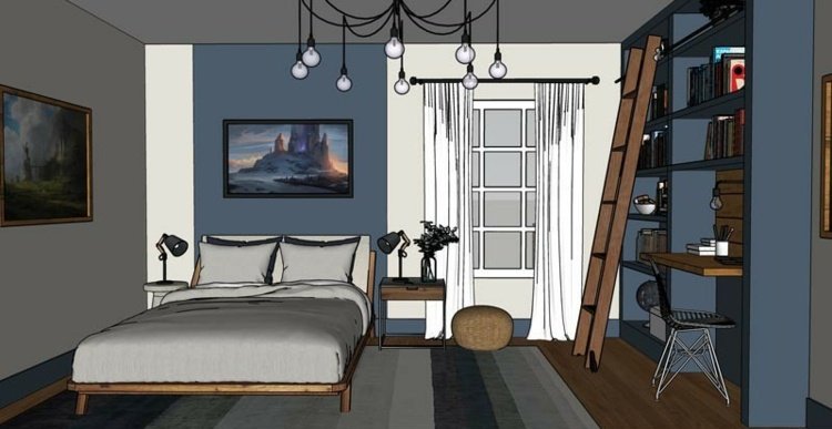 Posteľ je vedľa okna a oproti pracovnému priestoru