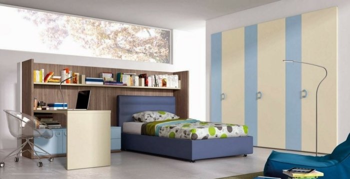 Mládežnícka izba pre chlapcov s modrou posteľou Vstavaná skriňa na čelnej doske Posteľná bielizeň s veľkými bodkami