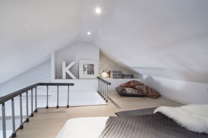 nápady na dizajn osvetlenia v izbách teenagerov so šikmými stropnými svetlami nápady-dizajn-teen-izba-so šikmými stropmi-škandinávsky štýl-kožušinové deky