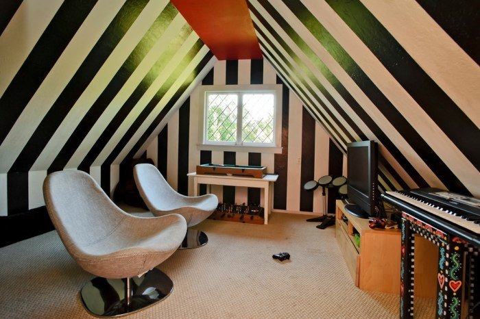 šikmé steny opatrené stenovými pásmi v čiernej a bielej farbe Miestnosť pre deti-herňa-so šikmými-stropnými-stenovými pásmi-čierno-biela