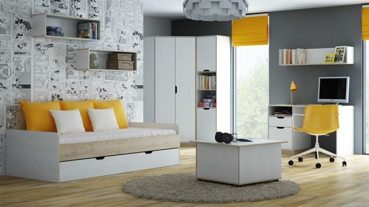 moderný nápad pre mladých dospelých v bielo žltej a šedej farbe a s tapetami