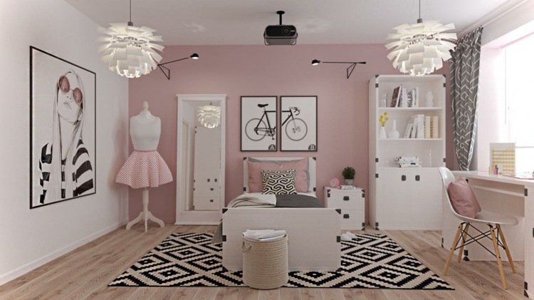 Ružová stena a škandinávske akcenty pre mladé dámy
