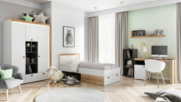 Biely nábytok do detskej izby s dreveným povrchom, ktorý ladí s parketami