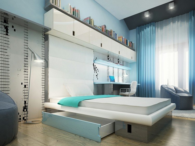 Izba pre mládež biela s vysokým leskom a modrými akcentmi s farbou na stenu a textilom