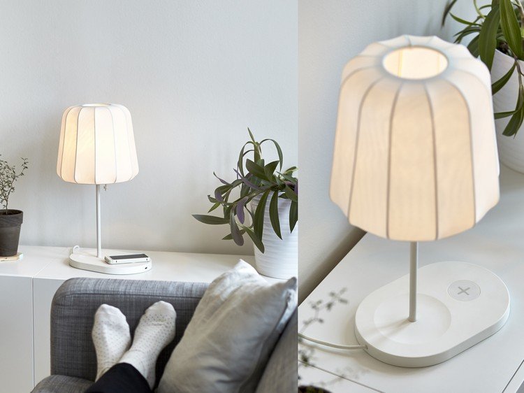 bezdrôtové nabíjanie-ikea-nábytok-stolná-lampa-biela-kredenc