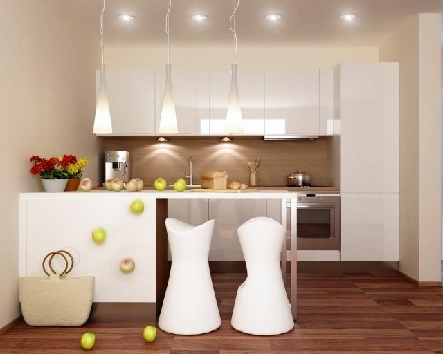 nápady na kuchynské farby magnólia-farba na stenu-drevená podlaha-ochrana proti striekajúcej vode-jedálenský pult