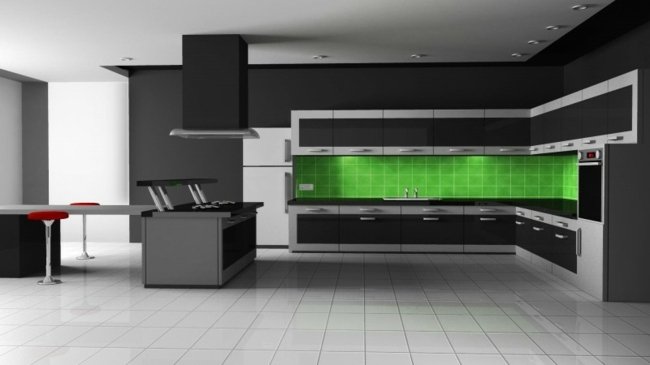 minimalistická kuchyňa čierny kovový sklenený kuchynský splashback čierna kovová sklenená kuchyňa zadná stena zelené osvetlenie