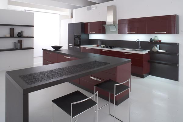 moderný kuchynský ostrovček tmavočervená kuchynská linka