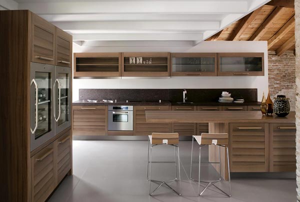 moderná kuchynská sklenená skrinka vstavané spotrebiče stena z prírodného kameňa