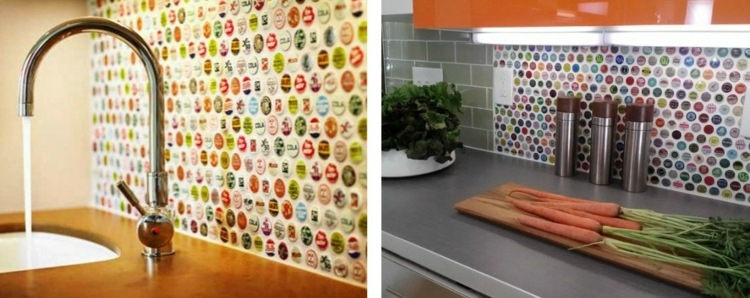 nápady kuechenrueckwand uzáver fľaše farebný dizajn drez moehren