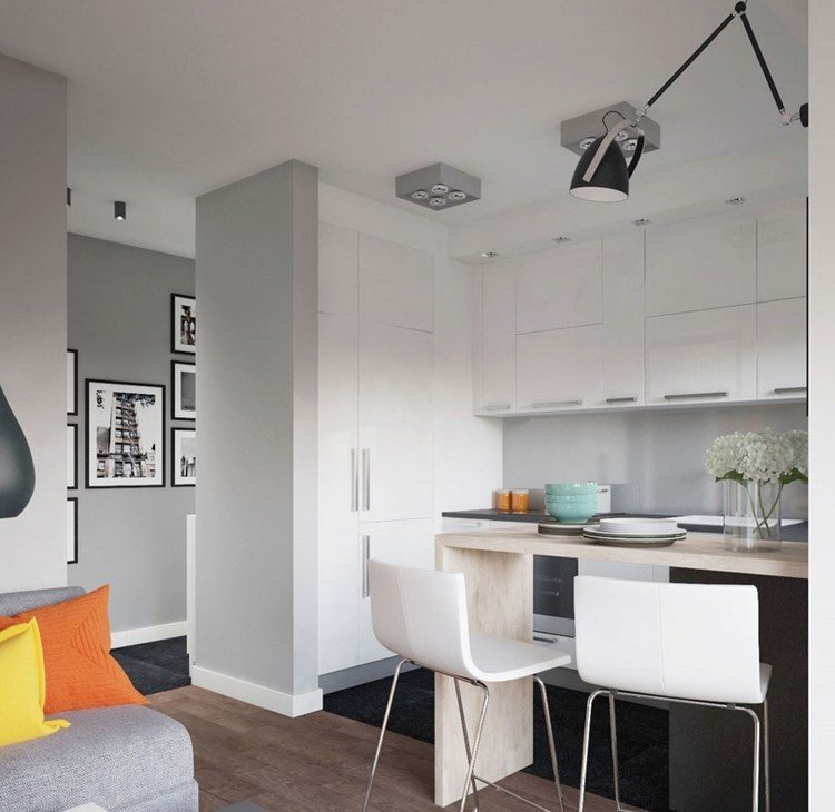 Kuchynská linka-svetlo-drevo-biela-barová stolička-sivá-zadná stena do kuchyne