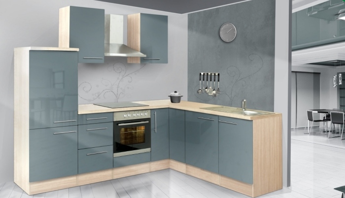 Rohová kuchynská linka Mia s korpusom z akáciového dreva a vstavanými elektrospotrebičmi Rohová kuchynská linka Mia corpus akáciová drevená dekoračná súprava elektrospotrebičov