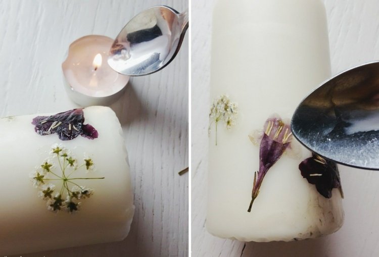 ozdobiť sviečky návod-jednoducho-lyžička-vosk-roztopiť