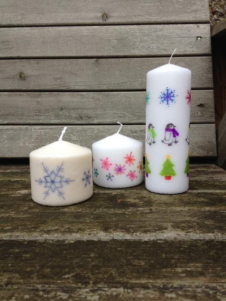 zimné ručné projekty sviečky zdobia vianočné motívy snehové vločky tučniaky jedle