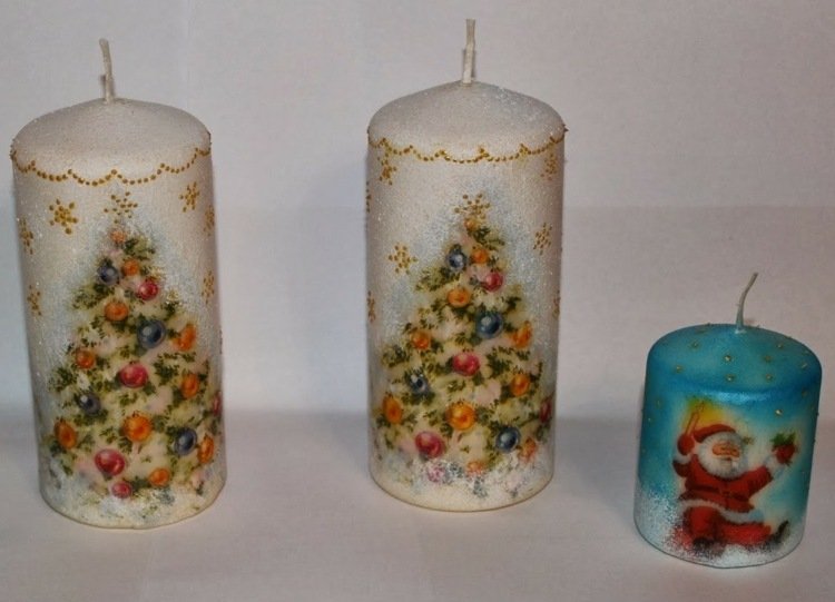 ozdobiť sviečky vianočné motívy jedľa santa claus snehové vločky technika obrúska