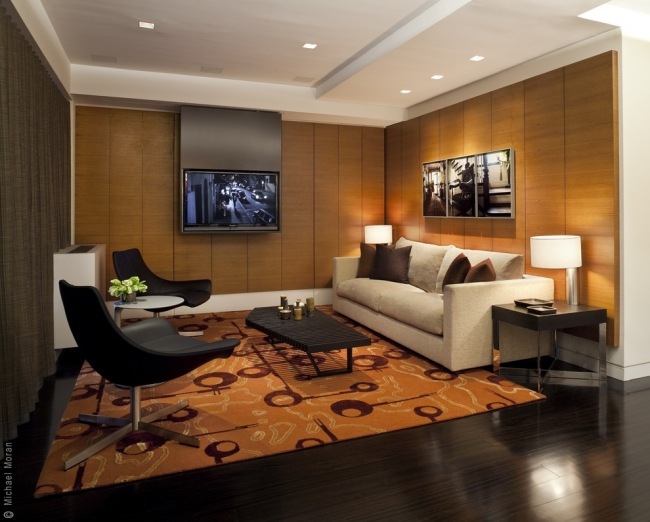 útulný drevený obklad do obývačky vzorový koberec útulný drevený obklad do obývačky koberec s oranžovým vzorom