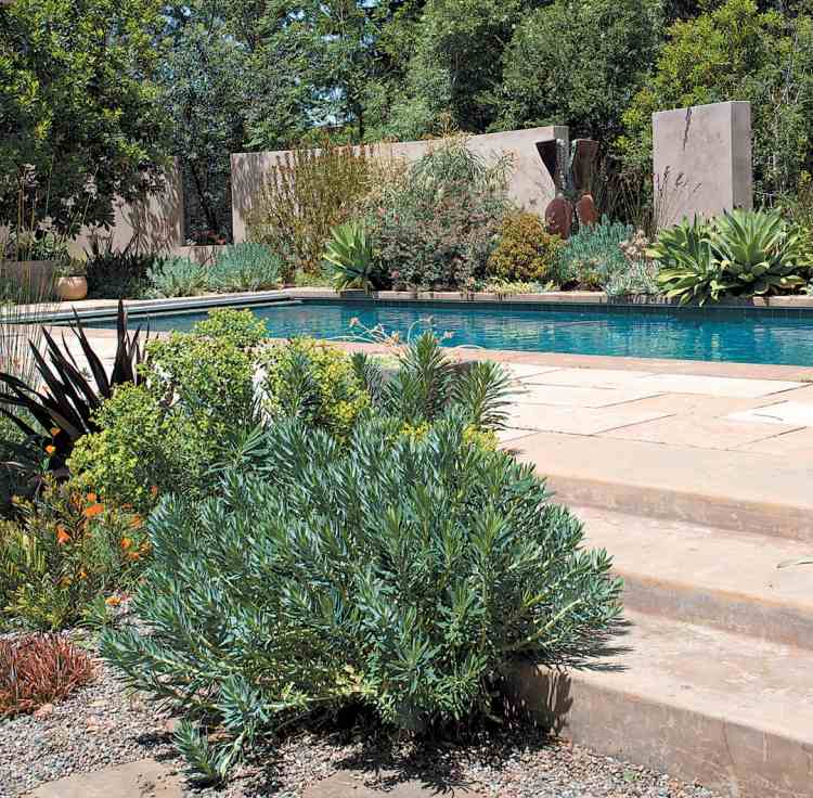 sochy štrkové lôžko-vytvoriť-stredomorská záhrada-moderné-bazén-rastlina