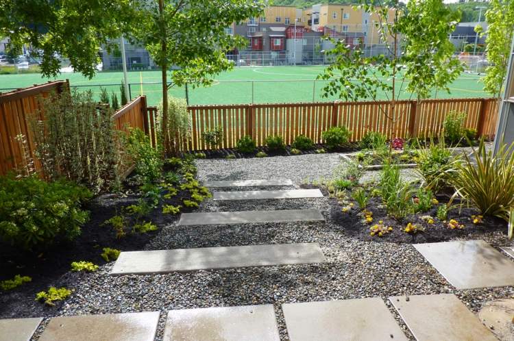 Štrkové lôžko-položený kameň-dosky-stromy-sivé-kamienky-plot-drevo