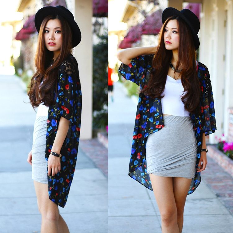 kimono-bunda-kombinovať-látka-sukňa-biela-top-fedora-čiapka