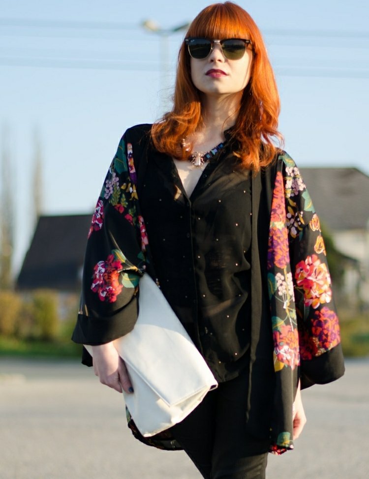 Kimono Haute Couture Look - v kombinácii s nohavicami a čiernou blúzkou Kimono-šiť-cool-látky-motívy kvetov-večerné oblečenie