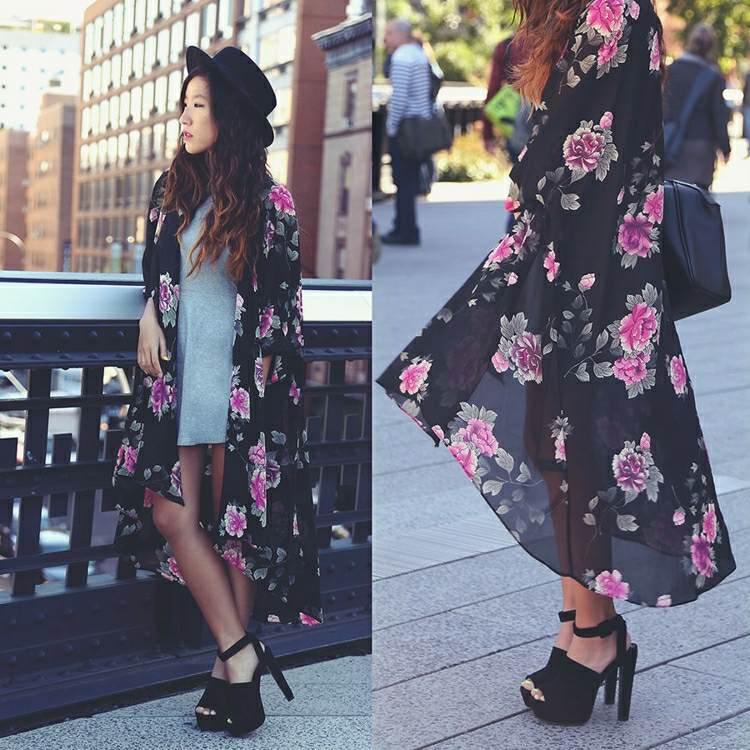 Kimono cez mini šaty a klobúk fedora Kimono-šiť-dlhá-ruža-motív-kvety-purpurovo-fedora-čiapka