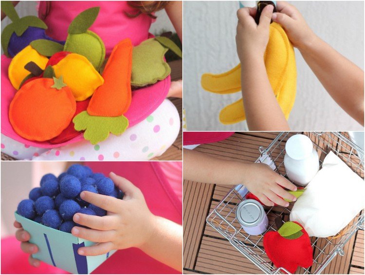 Doplnky do detského obchodu-plsť-urob si sám-ovocie-zelenina-nákupný košík-tovar