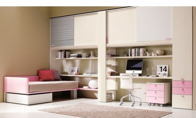 Písací stôl, skriňový systém, posteľ